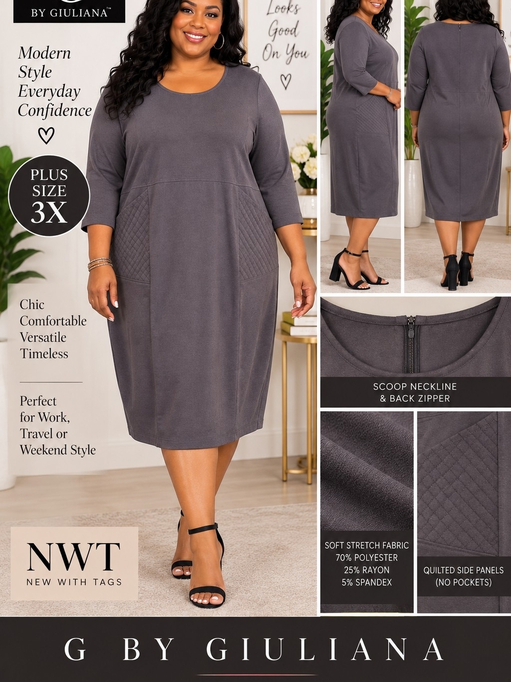 G by Giuliana 3X Charcoal Gray Quilted Pocket Midi Dress NWT